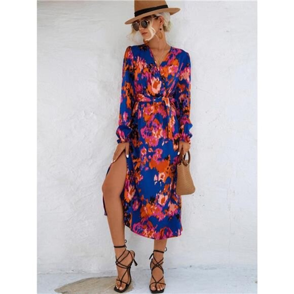Printed Surplice Long Sleeve Midi Dress - Picture 8 of 11